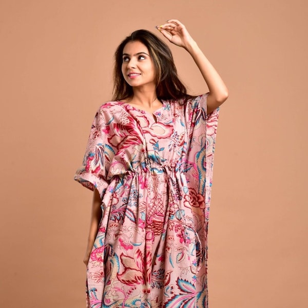 Indian Cotton Kaftan Women's Beachwear Maxi Dress in Pink Rose Print - Ideal Bikini Cover Ups & Soft Cotton Maternity Wear, Caftan Dress