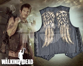 The Walking Dead Daryl Dixon Vest | Handmade Acrylic Paint Wings Vest | Norman Reedus Daryl Dixon Angel Wings Black Leather Vest.