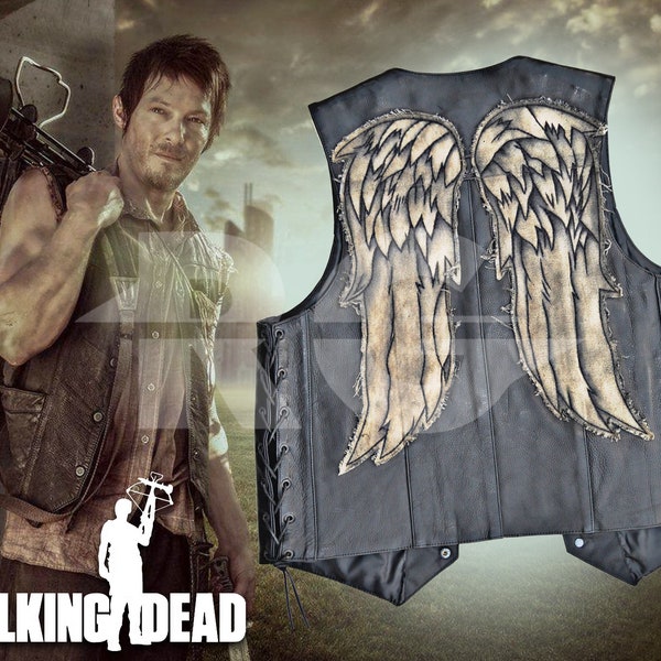 Gilet The Walking Dead Daryl Dixon | Gilet peint à la main en acrylique peint à la main | Norman Reedus Daryl Dixon Angel Wings Gilet en cuir noir.