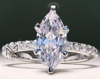 Moissanite Engagement Ring, 3.06 Ct Marquise Cut Moissanite, Wedding Solitaire With Accents Ring, 14K White Gold Plated, Handmade Jewelry