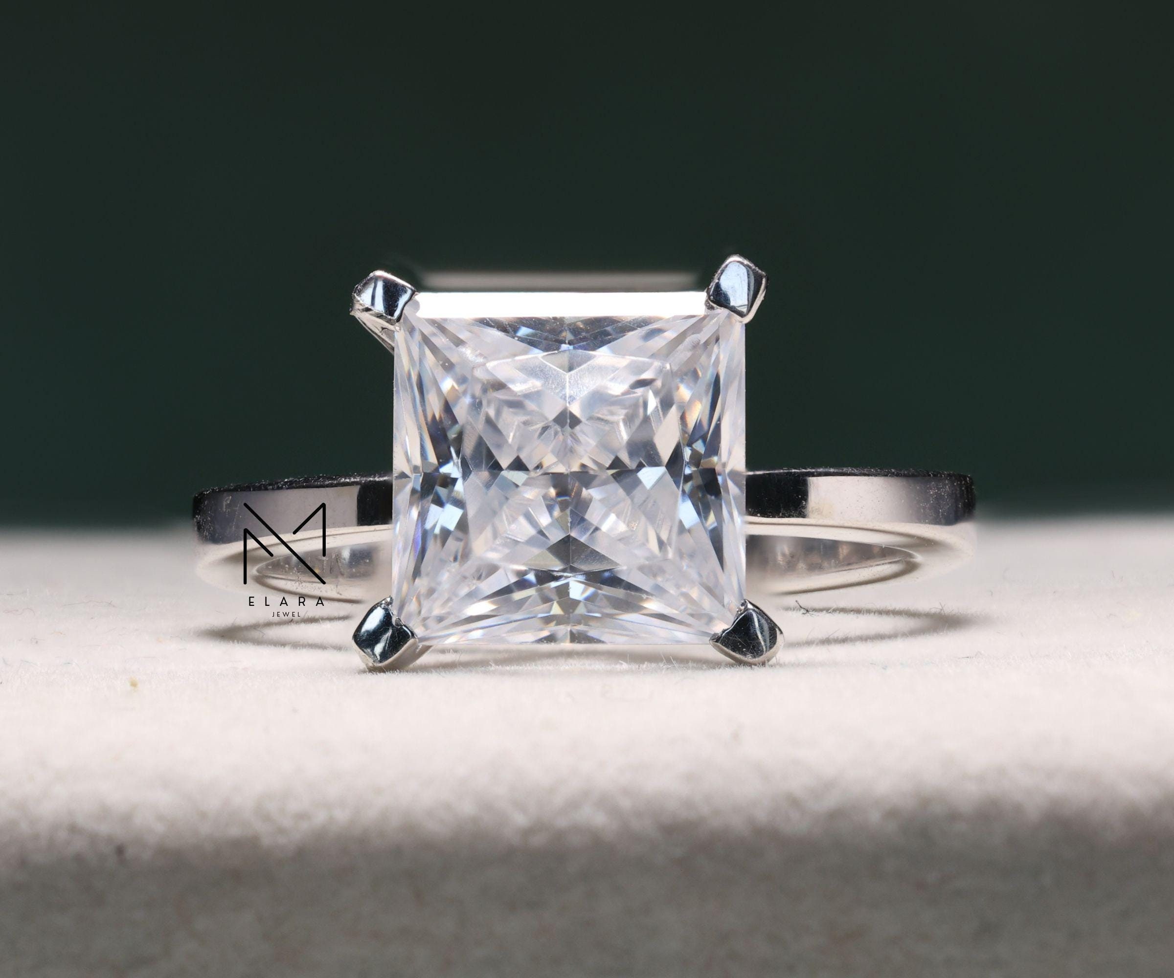 Solitaire Engagement Rings For Women, 3.1 Ct Princess Cut Moissanite Ring, Wedding Proposal Ring, 14K White Gold Plated, Anniversary Gifts