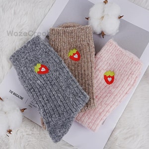Strawberry Embroidered Socks, Cute Fruit Socks, Cotton Crew Socks, Womens Crew Socks, Funny Socks, Cool Socks, Strawberry Gift for Her
