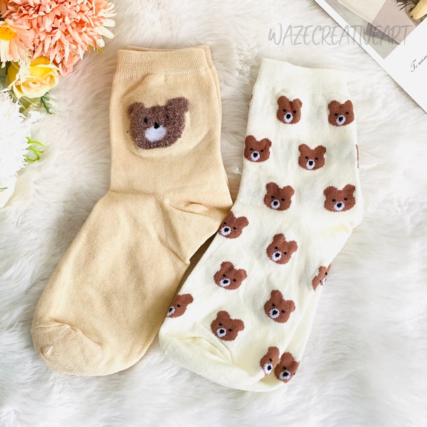 Chaussettes ras du cou unisexe mignonne, chaussettes Happy, oursons, chaussettes unisexes drôles, chaussettes pelucheuses, ours en peluche, chaussettes de dessin animé, chaussettes kawaii