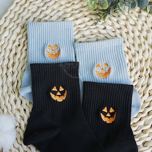 Spooky Pumpkin Socks, Halloween Embroidered Socks, Ankle Socks, Cute Pumpkin Sock, Casual Sock, Novelty Sock, Handmade Crew Socks