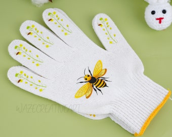 Bee Gardening Gloves,Garden Working Gloves,Outdoor Working Gloves,Cotton Gloves,Work Gloves,Grandmas Gardening Gloves,Floral Bee Garden Gift