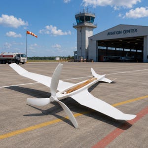 May include: A white model aeroplane with a large front propeller and an open fuselage section revealing internal wooden components. The aircraft is positioned on an outdoor tarmac with an aviation centre building and control tower in the background.