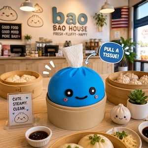 May include: A blue, round tissue dispenser shaped like a bao bun with a smiling face, sitting in a tan base. A white tissue protrudes from the top. A blue speech bubble with the text PULL A TISSUE! points to the dispenser on a wooden table.