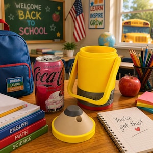 Könnte beinhalten: Ein gelber Kunststoffbehälter mit Griff, ein abgenommener konischer Deckel, eine rosa Cherry Float Coca-Cola-Dose, ein blauer Rucksack mit einem Aufnäher Dream Learn Achieve, Schulbücher, ein roter Apfel und ein Notizbuch mit der Aufschrift You've got this.