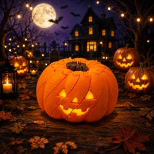 May include: A bright orange jack-o'-lantern with a carved face and internal warm yellow glow, resting on a dark wooden surface covered in scattered autumn leaves, with other glowing pumpkins and a haunted house in the background.