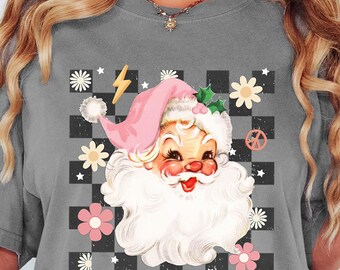 Comfort Colors® Christmas Checkered Pink Santa Tee, Retro Santa Shirt, Christmas For Women, Retro Christmas Shirt, Christmas Shirt For Women