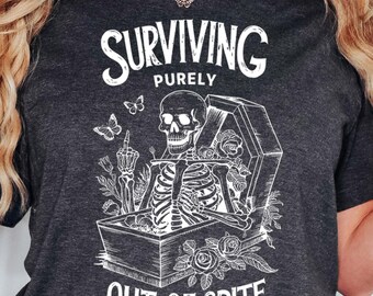 Surviving Purely Out Of Spite Comfort T-shirt, Funny Goth Celestial Skeleton and Bats Shirt, Bat Lover Gothic Boho Tshirt, Yoga Skeleton Tee
