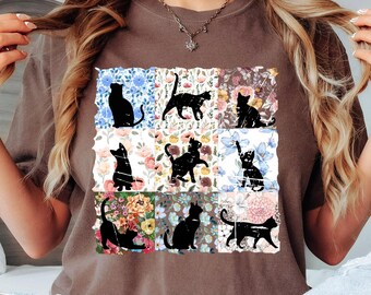 Comfort Colors® Boho Cat Plants Shirt: Short & Long Sleeve, Nature Trees Wild Flowers Tees, Women Cat Lovers Tee, Mom Gift for Her