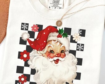 Comfort Colors® Christmas Checkered Santa Shirt, Retro Santa Shirt, Christmas,Retro Christmas Shirt,Christmas Shirt For Women,Gift For Women