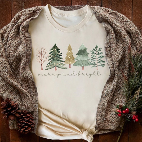 Merry and Bright Trees, Women's Christmas Shirt, Womans Holiday Shirt,Christmas Gift,Chic Winter Shirt,Cute Holiday Tee,Christmas Tree Shirt