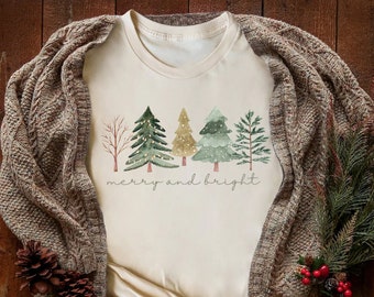 Merry and Bright Trees, Women's Christmas Shirt, Womans Holiday Shirt,Christmas Gift,Chic Winter Shirt,Cute Holiday Tee,Christmas Tree Shirt