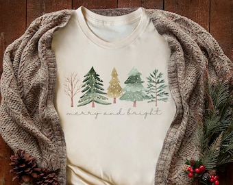 Merry and Bright Trees, Women's Christmas Shirt, Womans Holiday Shirt,Christmas Gift,Chic Winter Shirt,Cute Holiday Tee,Christmas Tree Shirt