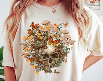 Bloom Skull Shirt, Mushroom Shirt, Halloween Shirt, Mushroom And Skull, Floral Skull Shirt, Womens Fall Shirts, Flower Skull Skeleton Shirt