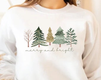 Merry and Bright Trees, Women&#39;s Christmas Sweatshirt, Womans Holiday Shirt,Christmas Gift,Chic Winter Shirt,Cute Holiday Tee,Christmas Tree