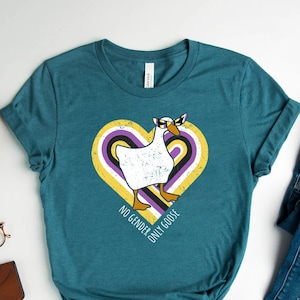 May include: Teal t-shirt with a white goose wearing sunglasses in a heart with purple, yellow, and black stripes. The text below the goose says "No Gender, Only Goose".