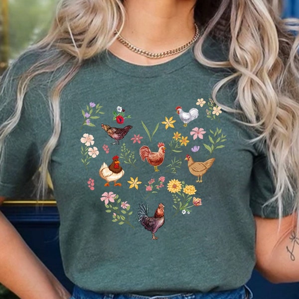 Wildflower Chicken Shirt, Ladies Chicken Tshirt, Chicken T shirt, Chicken Lover, Chicken mom Tee, Cottagecore Farm Girl T-shirt, Farmer Gift