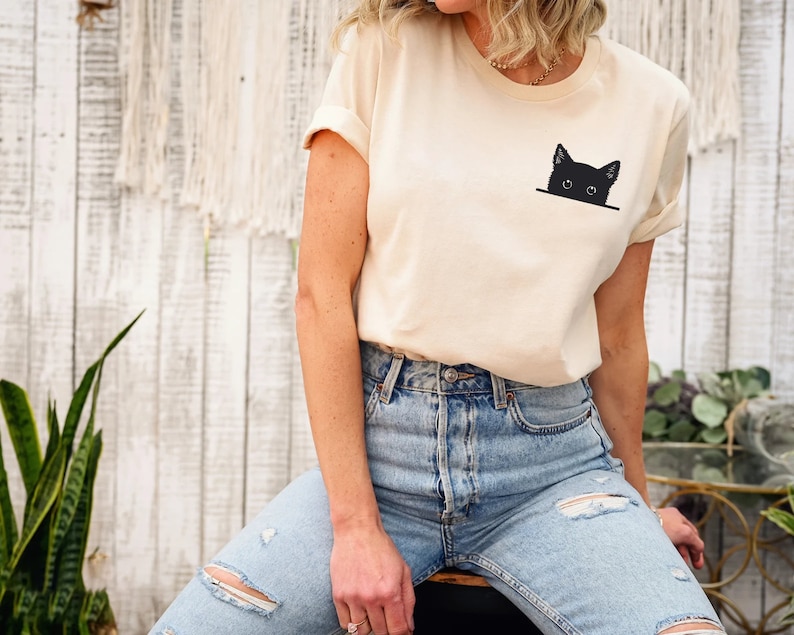 Black Cat Shirt, Cat Shirt, Cute Kitty Tee, Kitten T-shirt, Gift for Cats Lover, Cat Mom Shirts, Cat Shirt Women, Cat Shirt,Cat Pocket Shirt image 4