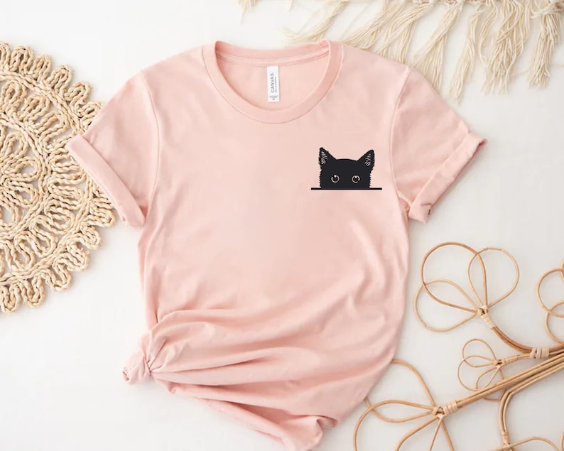 Black Cat Shirt, Cat Shirt, Cute Kitty Tee, Kitten T-shirt, Gift for Cats Lover, Cat Mom Shirts, Cat Shirt Women, Cat Shirt,Cat Pocket Shirt image 1