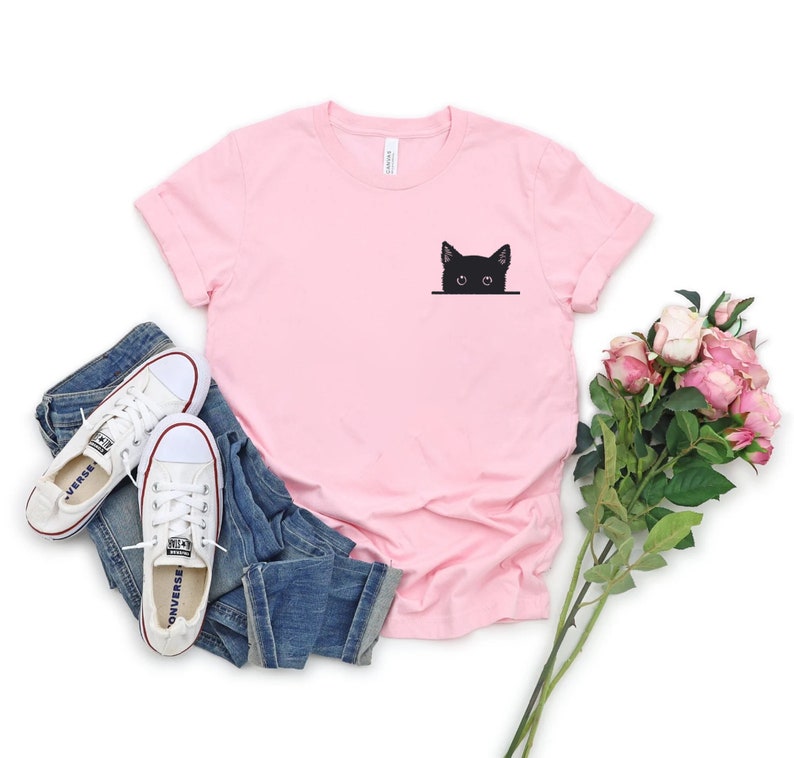 Black Cat Shirt, Cat Shirt, Cute Kitty Tee, Kitten T-shirt, Gift for Cats Lover, Cat Mom Shirts, Cat Shirt Women, Cat Shirt,Cat Pocket Shirt image 7