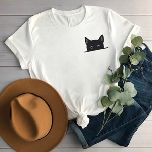 Black Cat Shirt, Cat Shirt, Cute Kitty Tee, Kitten T-shirt, Gift for Cats Lover, Cat Mom Shirts, Cat Shirt Women, Cat Shirt,Cat Pocket Shirt image 3
