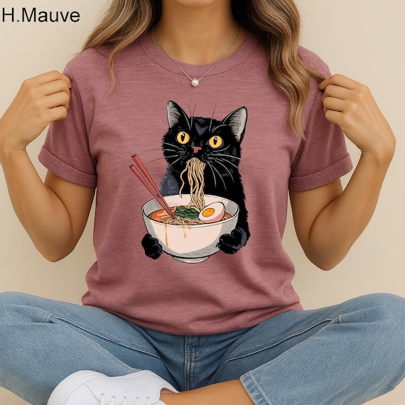 Noodle Cat Shirt, Ramen Cat T-Shirt, Foodie Lover Shirts, Black Cat Noodle T-Shirts, Retro Cat Tees, Cat Lover Sweatshirts, Black Cat Tshirt