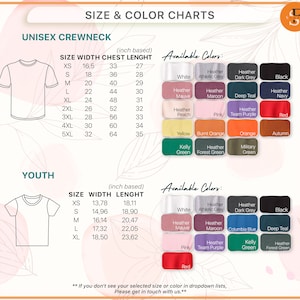 May include: Size and color charts for unisex and youth crewneck t-shirts. The chart shows the width and length measurements in inches for each size, along with a variety of available colors.
