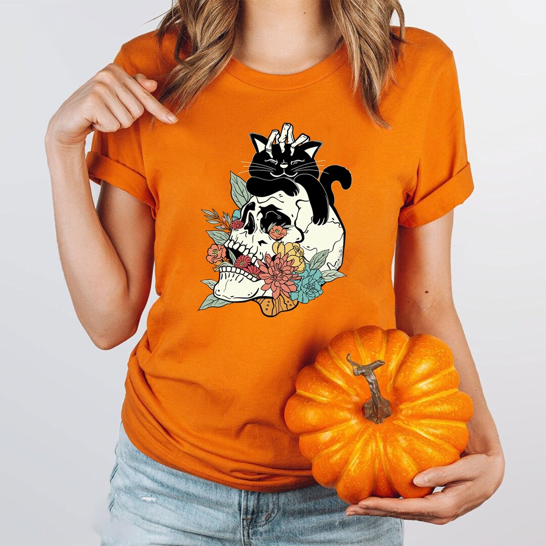 Black Cat on Skull Shirt, Skull and Black Cat Shirt, Shirt for Fall