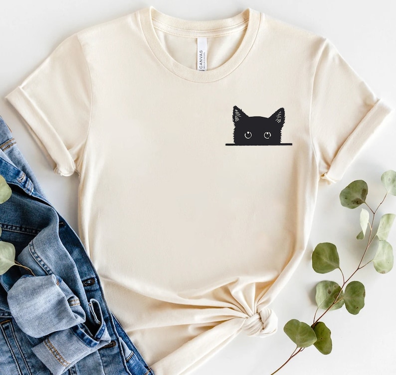 Black Cat Shirt, Cat Shirt, Cute Kitty Tee, Kitten T-shirt, Gift for Cats Lover, Cat Mom Shirts, Cat Shirt Women, Cat Shirt,Cat Pocket Shirt image 5