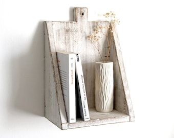 Petite étagère murale bois rustique, étagère blanche minimaliste pour plantes et livres, style wabi-sabi, étagère décorative faite main