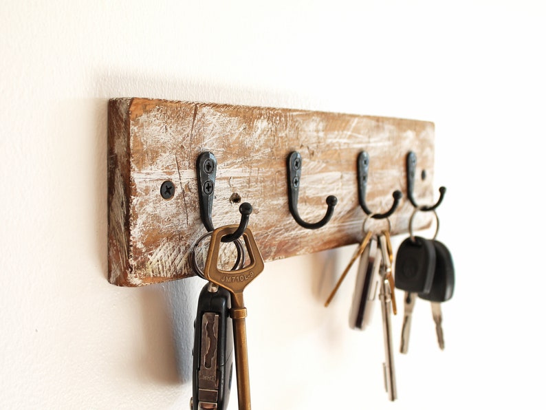 White wooden wall key holder, rustic wall key hanger, minimalist key storage, hooks for keys and jewelry, wabi-sabi decor image 3