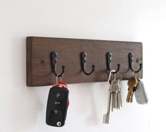Antique wooden wall key holder, rustic wall key hanger, minimalist key storage, hooks for keys and jewelry, wabi-sabi decor