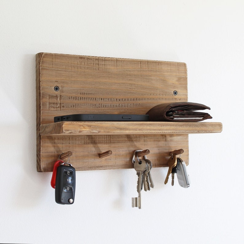 Reclaimed Key Rack Wall Key Holder With Shelf in Raw Wood, Natural and Minimalist ...