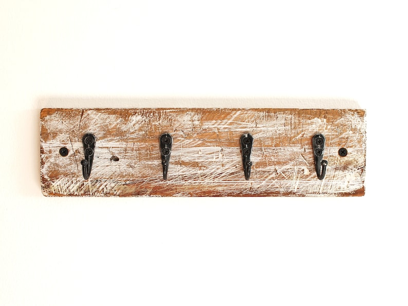 White wooden wall key holder, rustic wall key hanger, minimalist key storage, hooks for keys and jewelry, wabi-sabi decor image 5