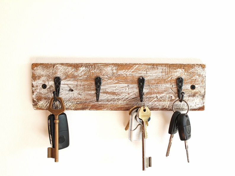 White wooden wall key holder, rustic wall key hanger, minimalist key storage, hooks for keys and jewelry, wabi-sabi decor image 2
