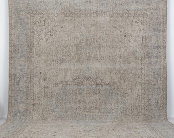 9x12 ヴィンテージ トルコ絨毯 アイボリーブルー 花柄 ウールカーペット 9.2x12.6 フィート