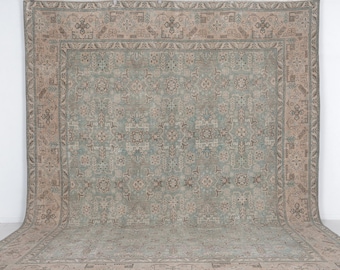 10x12 Vintage Turkish Rug Muted Blue Beige Oversized Area Rug Antique Low Pile Carpet