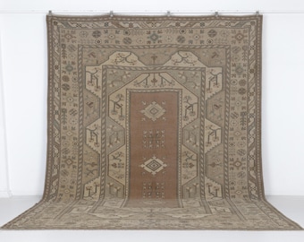 230x300 Vintage Teppich, Türkischer Teppich Beige Braun Handgemacht Wolle Kurzflor Teppich, 230 x 350 cm