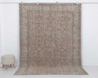 7x10 Vintage Turkish Rug Neutral, Beige Brown Floral Wool Antique One of a kind Rug