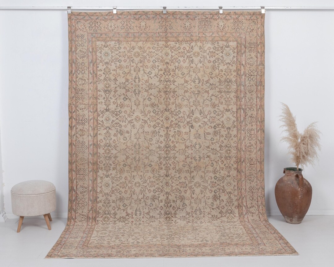 Floral Vintage Oushak Rug 7x10 , Low Pile Anatolian Turkish Handmade ...