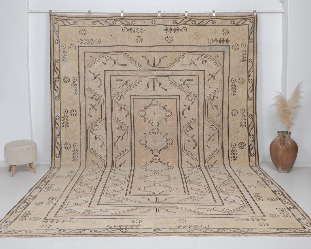 Vintage Neutral Turkish Rug 10x14 Ft Oversized Oushak Geometric Wool ...