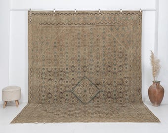 10x12 Vintage Neutral Persian Style Rug, Hand Knotted Wool Area, 9.4 x 11.9 ft