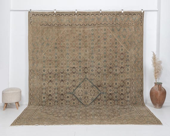 10x12 Vintage Neutral Persian Style Rug, Hand Knotted Wool Area, 9.4 x 11.9 ft