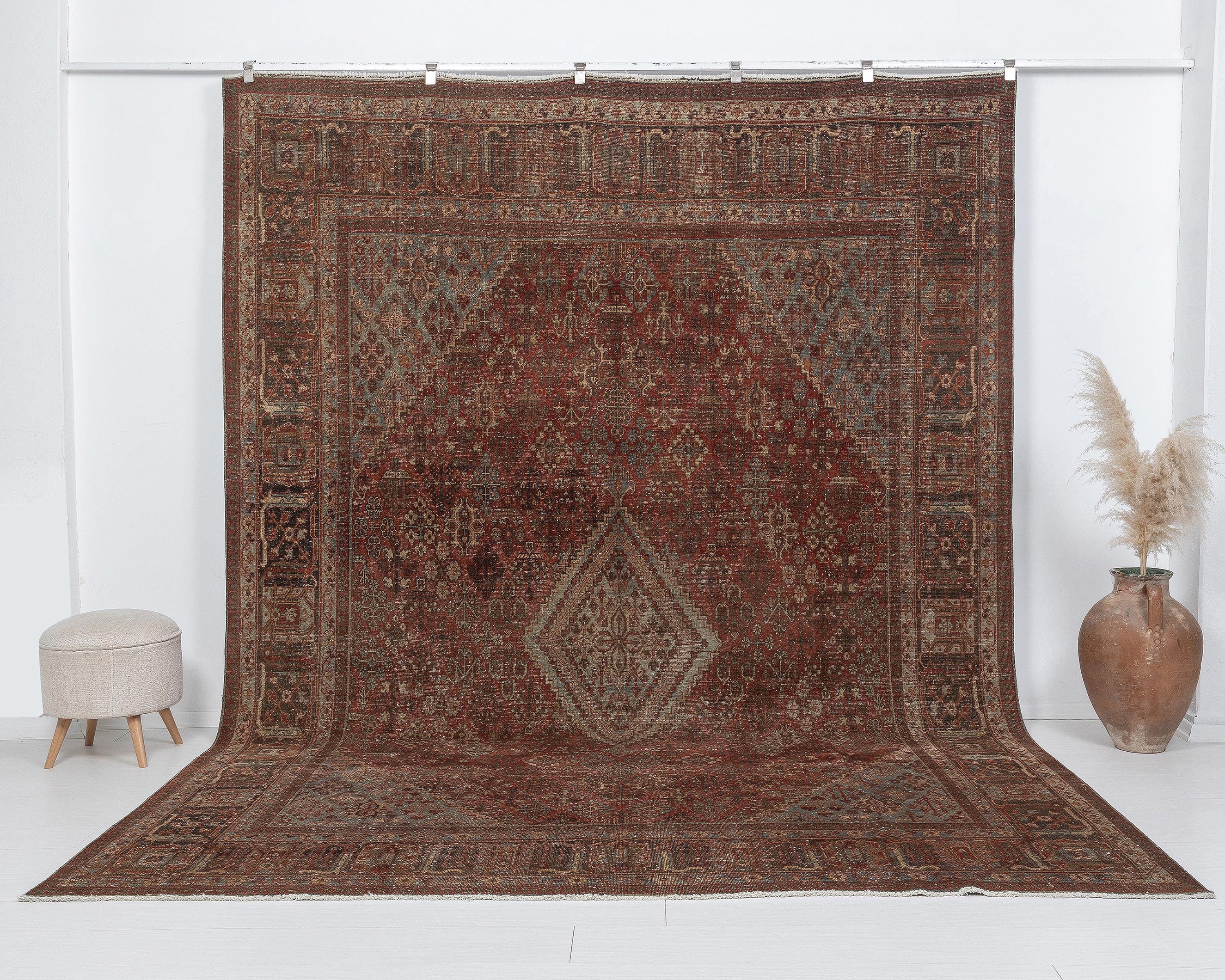9x12 Vintage Rug, Red Persian Rug, 8.7 x 12.2 feet, 9x12 Turkish Rug, Antique Handmade Rug,Living Room Rug,Old Rug, Oversized Rug, Heriz Rug