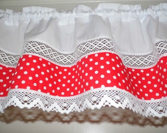 Country house curtains, net curtains, DOTS red, short curtains