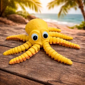 May include: A bright yellow octopus figurine featuring a textured head and eight articulated, segmented tentacles. The creature has two large, prominent white eyes with black pupils, and the underside of each tentacle displays a light orange color.