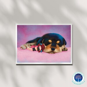 Vreedzame tijd met schattige Rottweiler-puppy - perfect cadeau voor hondenliefhebbers Dromerige muurkunst posterkaart woondecoratie door Lingyee Fu